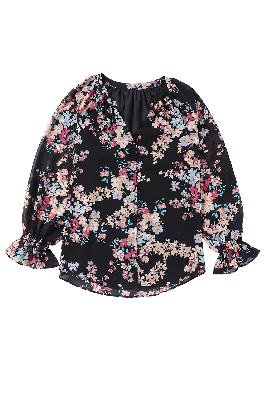 Schwarze Wildblume -Druck -Chiffon -Bluse