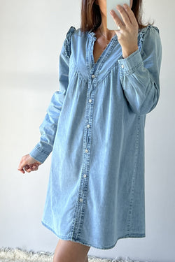 Myosotis - Straight denim dress with buttons, ruffles and V-neck