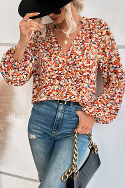 Multicolor blouse with full -willed V -neck print and bishop sleeves