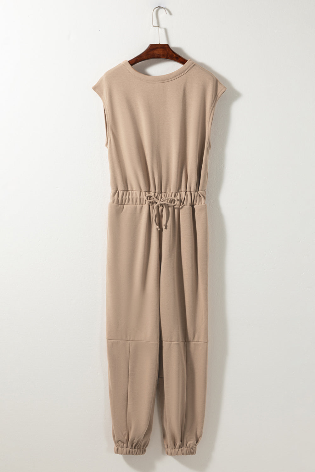 Leichter französischer Beige Cap Sleeve Offener Rückenschnur Jogger Jumpsuit