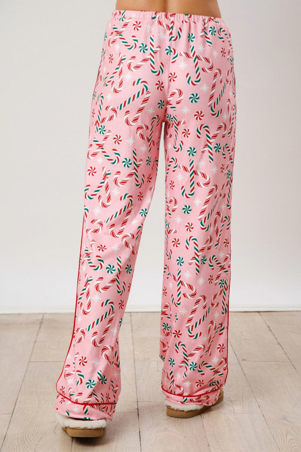 Pink Weihnachtsbonbon -Rohrstock -Drucken -Lapel -Kragenhemd und Hosen zweiteilige Pyjamas Set