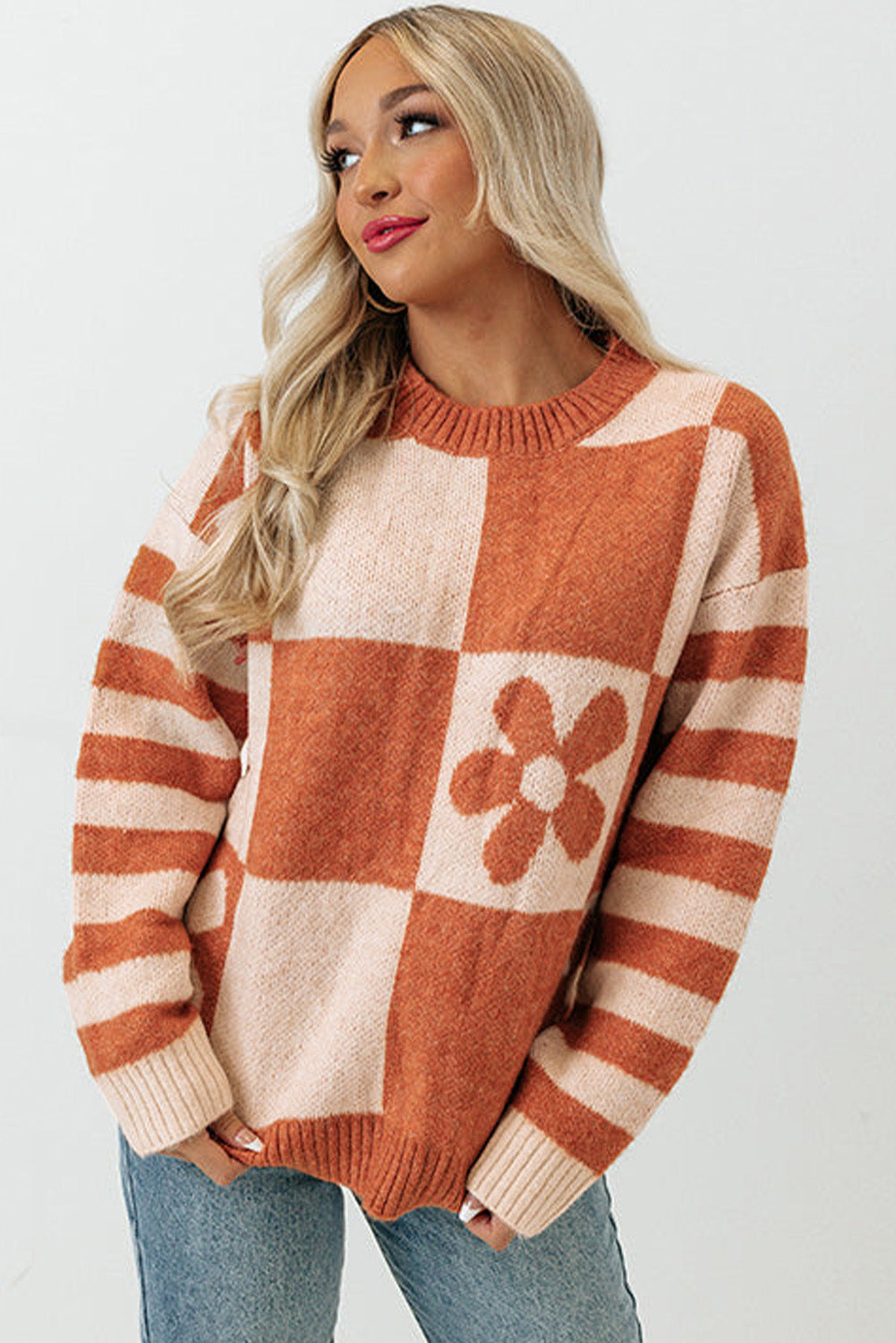 Brown Checkered Floral Print Striped Sleeve Sweater