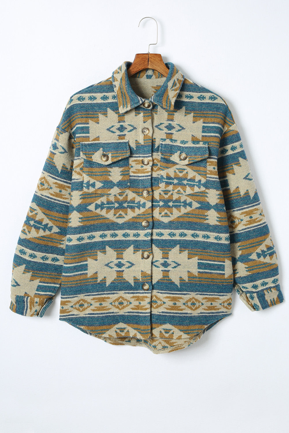 Blue Western Aztec Print Button Bouton Pocket Shacket