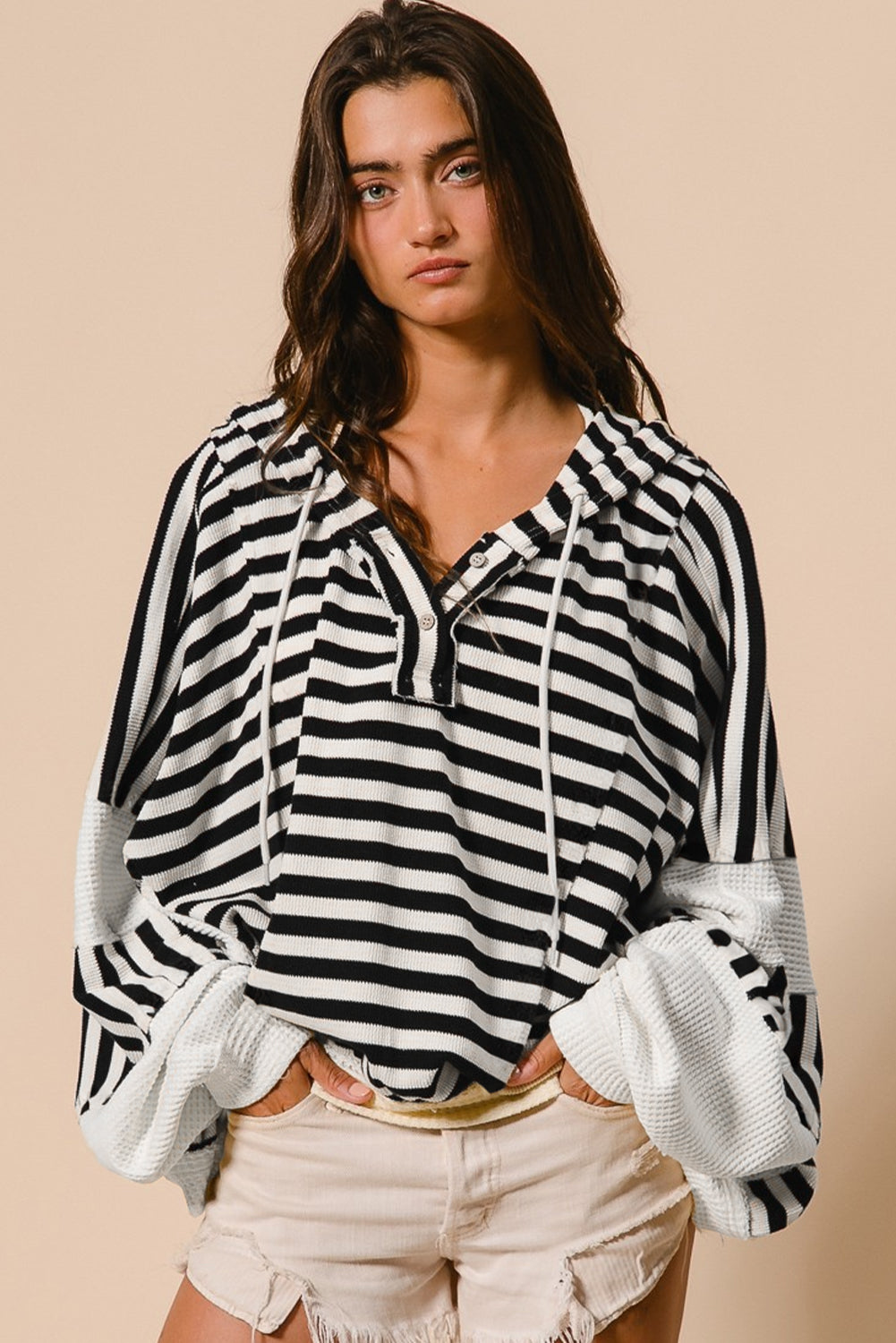 Black white Oversized Striped Henley Buttons Dolman Sleeve Hooded Top