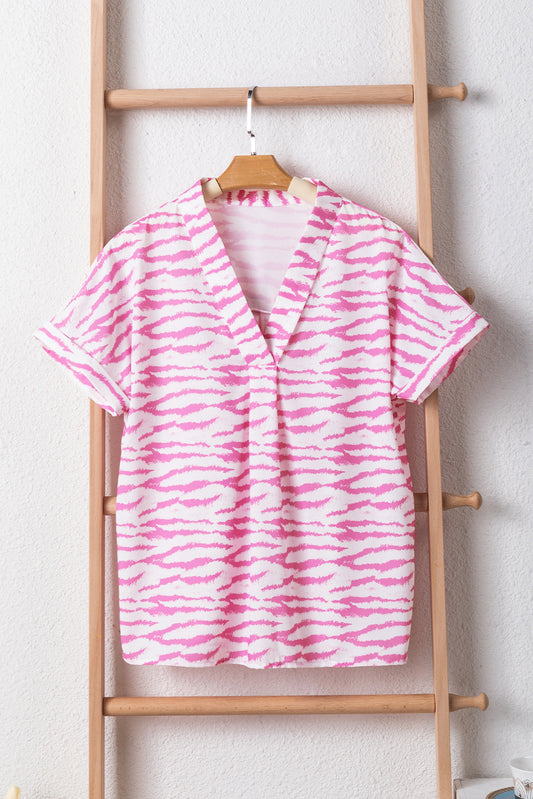 Rose Zebra Mather V Neck Blouse à manches courtes