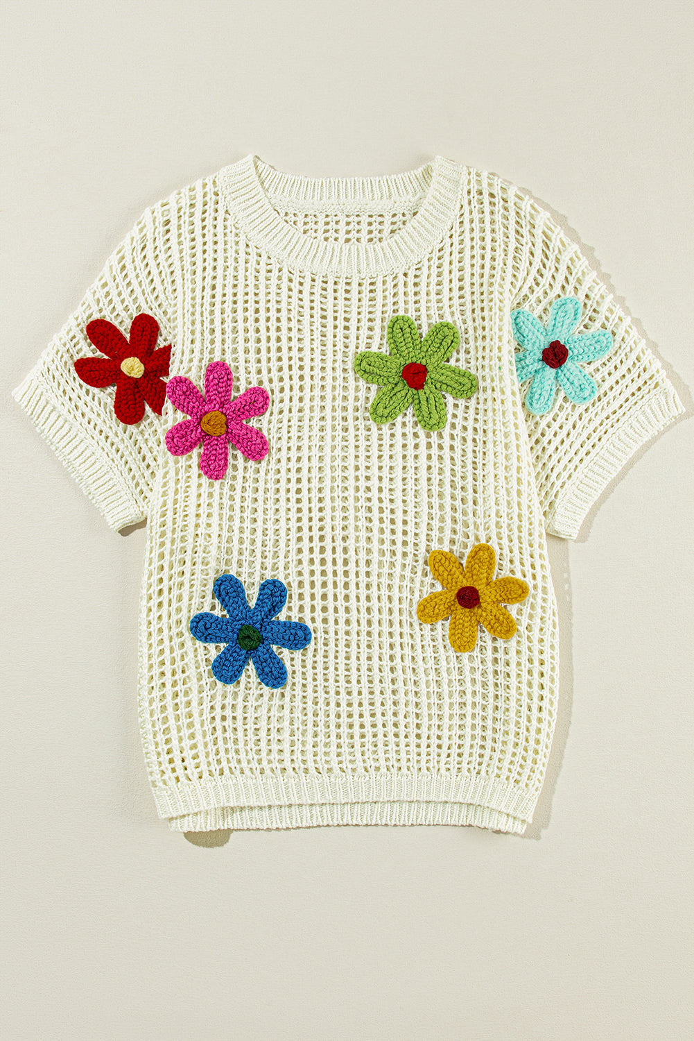 Camiseta de suéter de hueco de flor de crochet de crochet