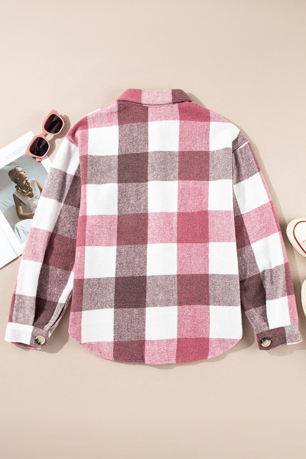 Color Block Button Up Long Sleeve Plaid Jacket with Pocket