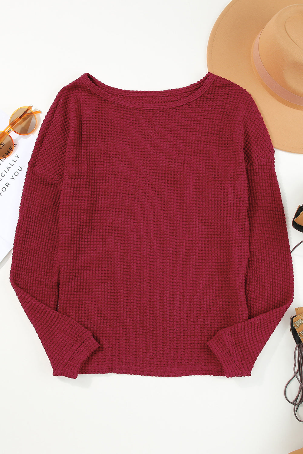 Fiery Red Waffle Knit Drop Show Sleeve Long Top