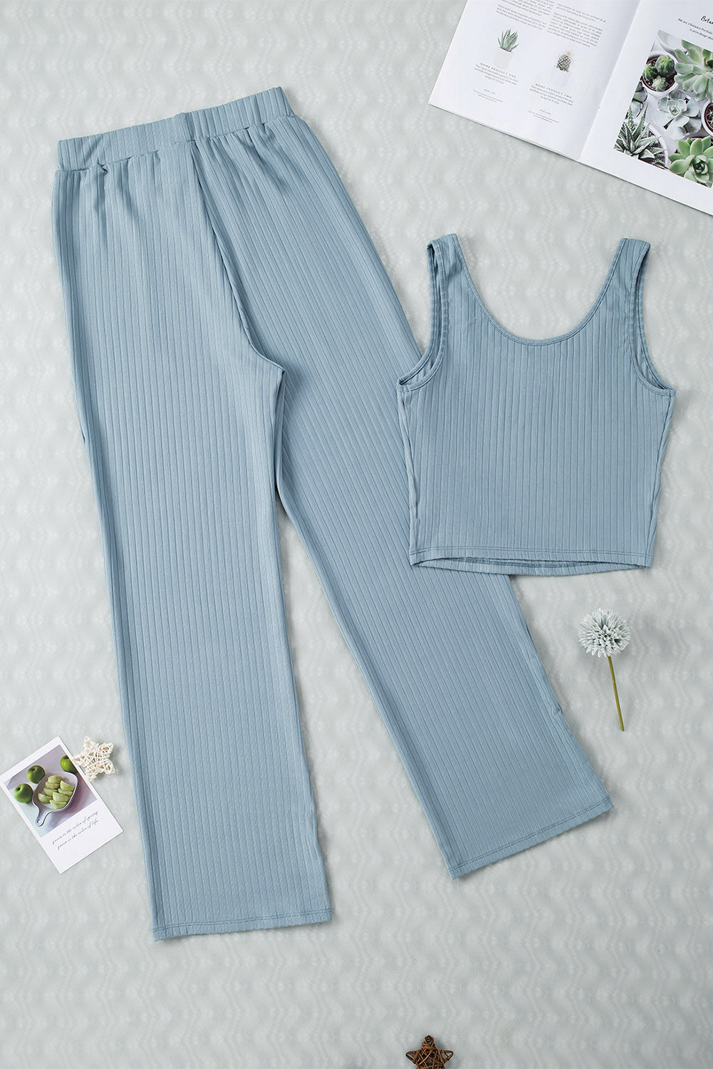 Blue Rippes Crop Tank Draw String Lounge Hosen Set Set