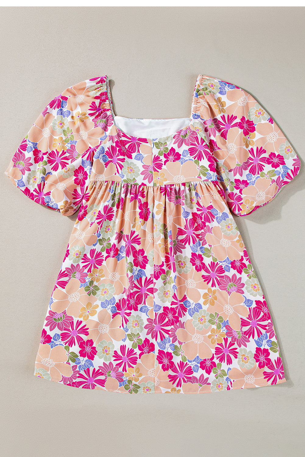 Floral Summer Babydoll Dress, Square Neck, Puff Sleeves, Pink