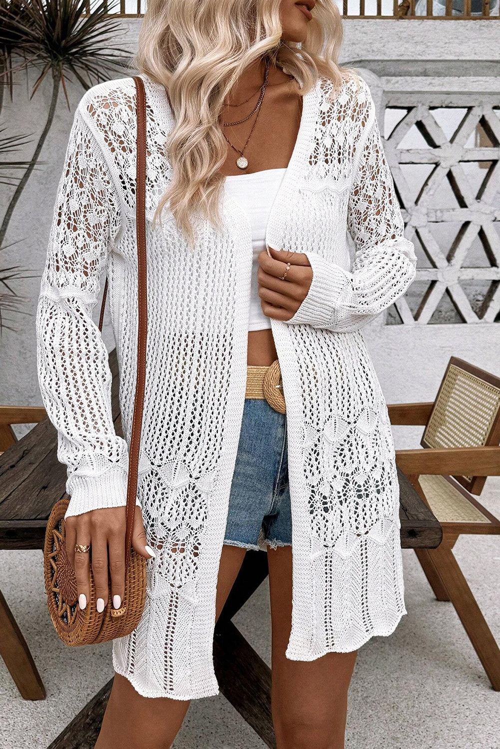 White open front crochet cardigan