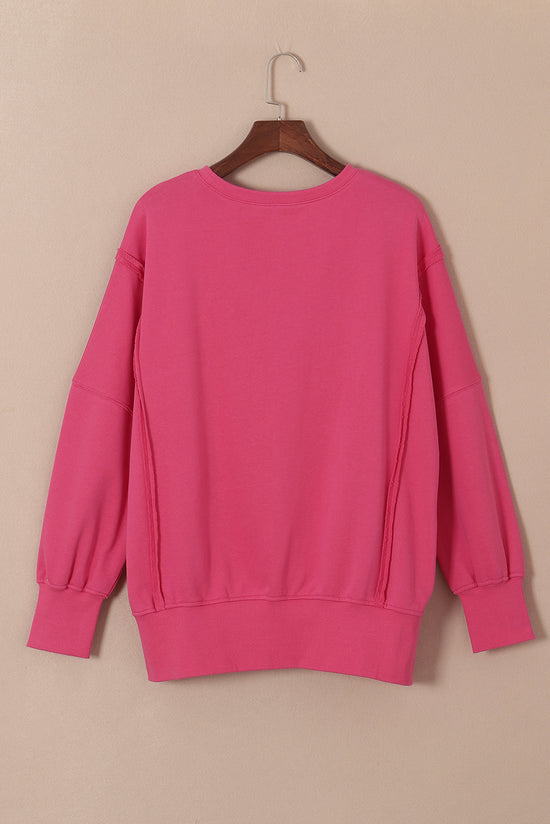 Pink Sweatshirt with Exposed Seams, Dropped Shoulders, Slit, High Low Hem