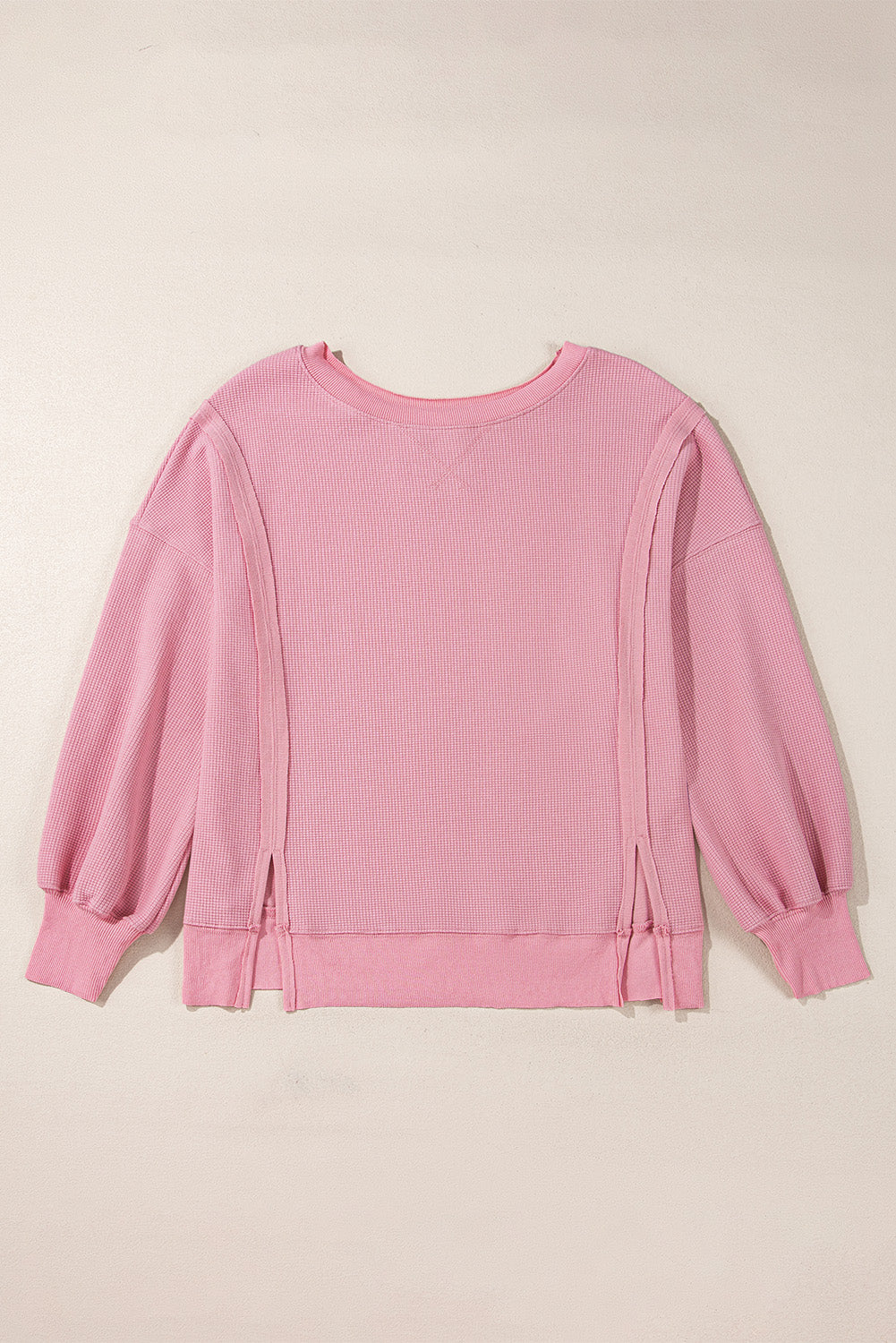 Pink Waffle knit Bishop Sleeve Split Oversized Top