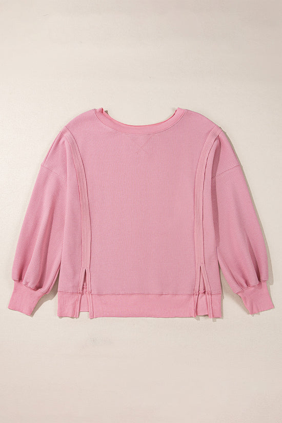 Pink Waffle Knit Bishop Sleeve Split Oversized Top