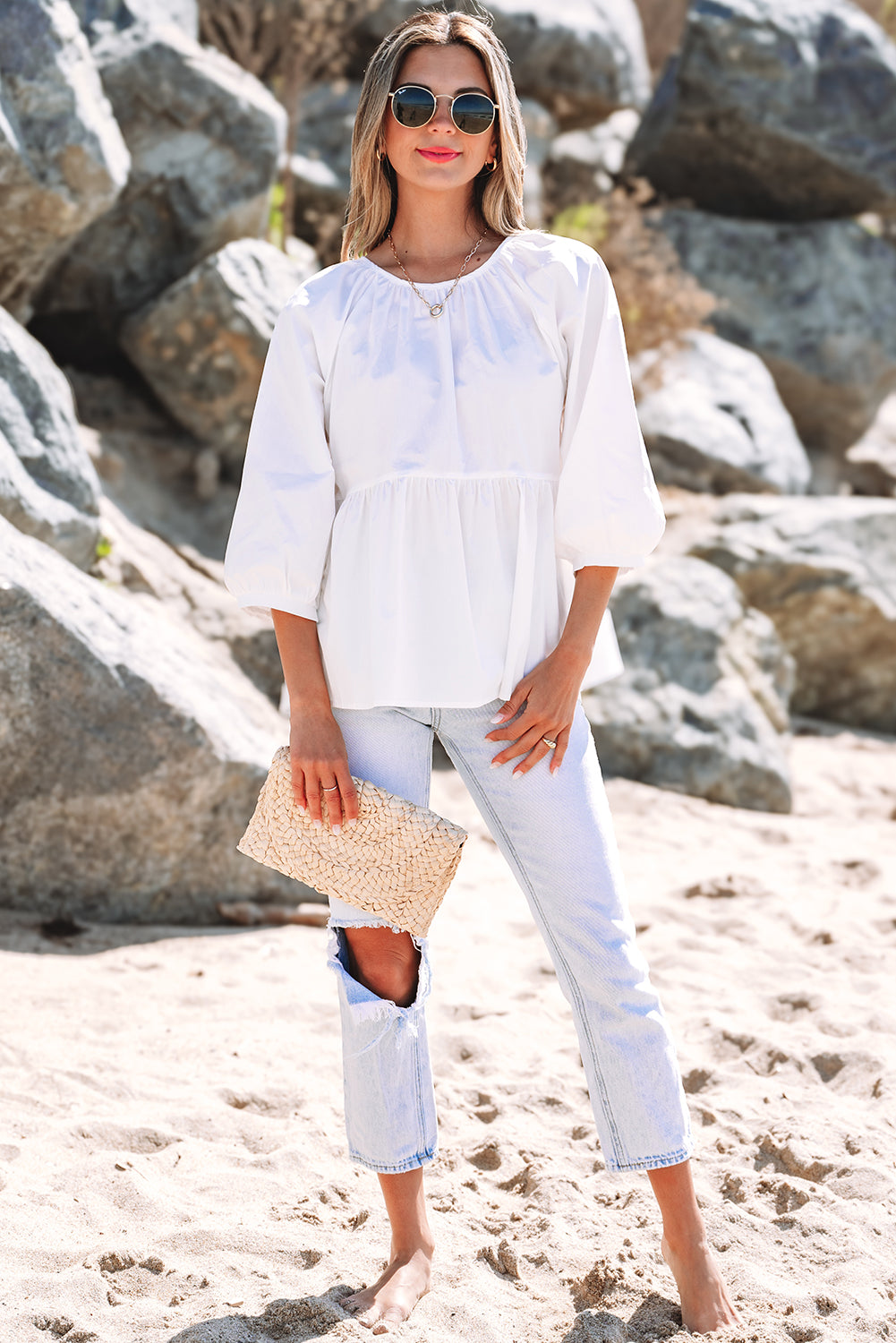 Blusa blanca con nudo de mariposa y cortes en la parte posterior, corte suelto, 3/4 mangas