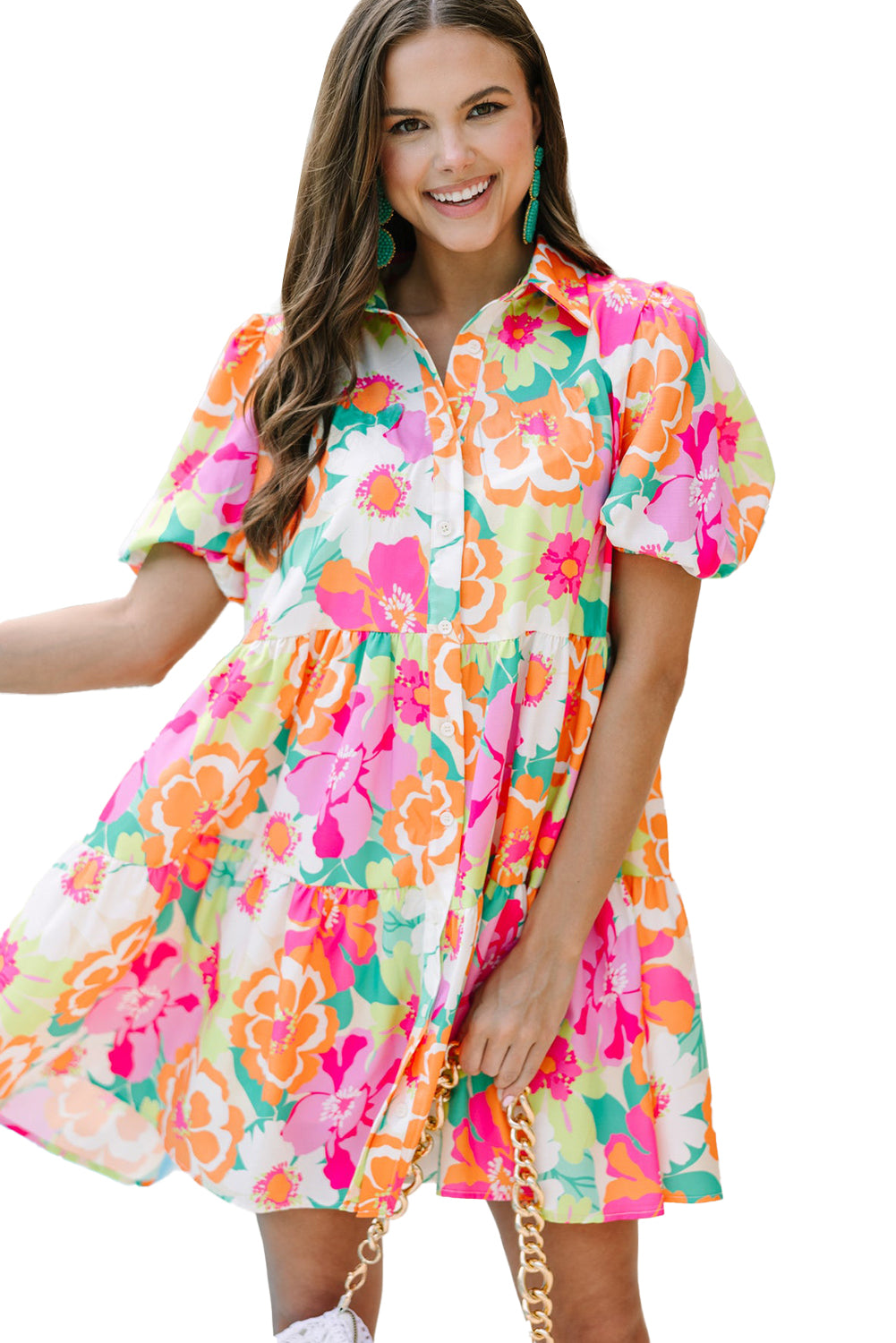 Pink Floral Puff Sleeve Buttoned Babydoll Dress