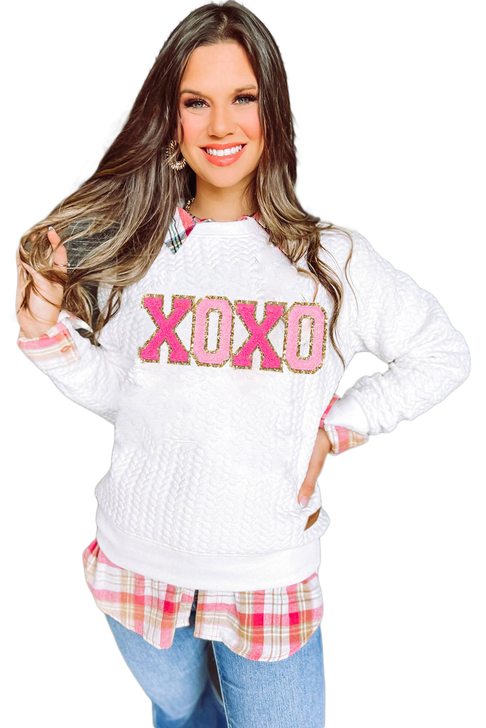 Sudadera de cable de cable de chenilla xoxo white xoxo