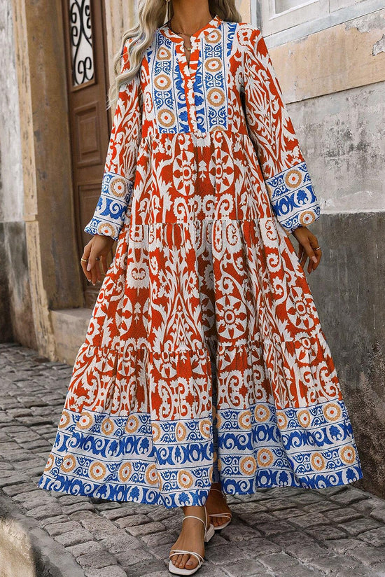 Orange Long Sleeve Boho Geometric Print Maxi Dress