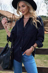 Chemise à poche boutonnée en velours côtelé bleu foncé-A WOMAN WE LOVE