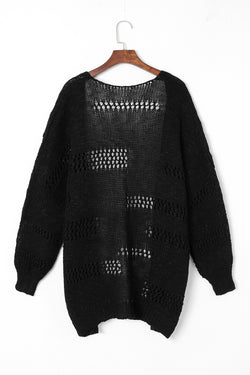 Cardigan décontracté noir à manches dolman en tricot creux