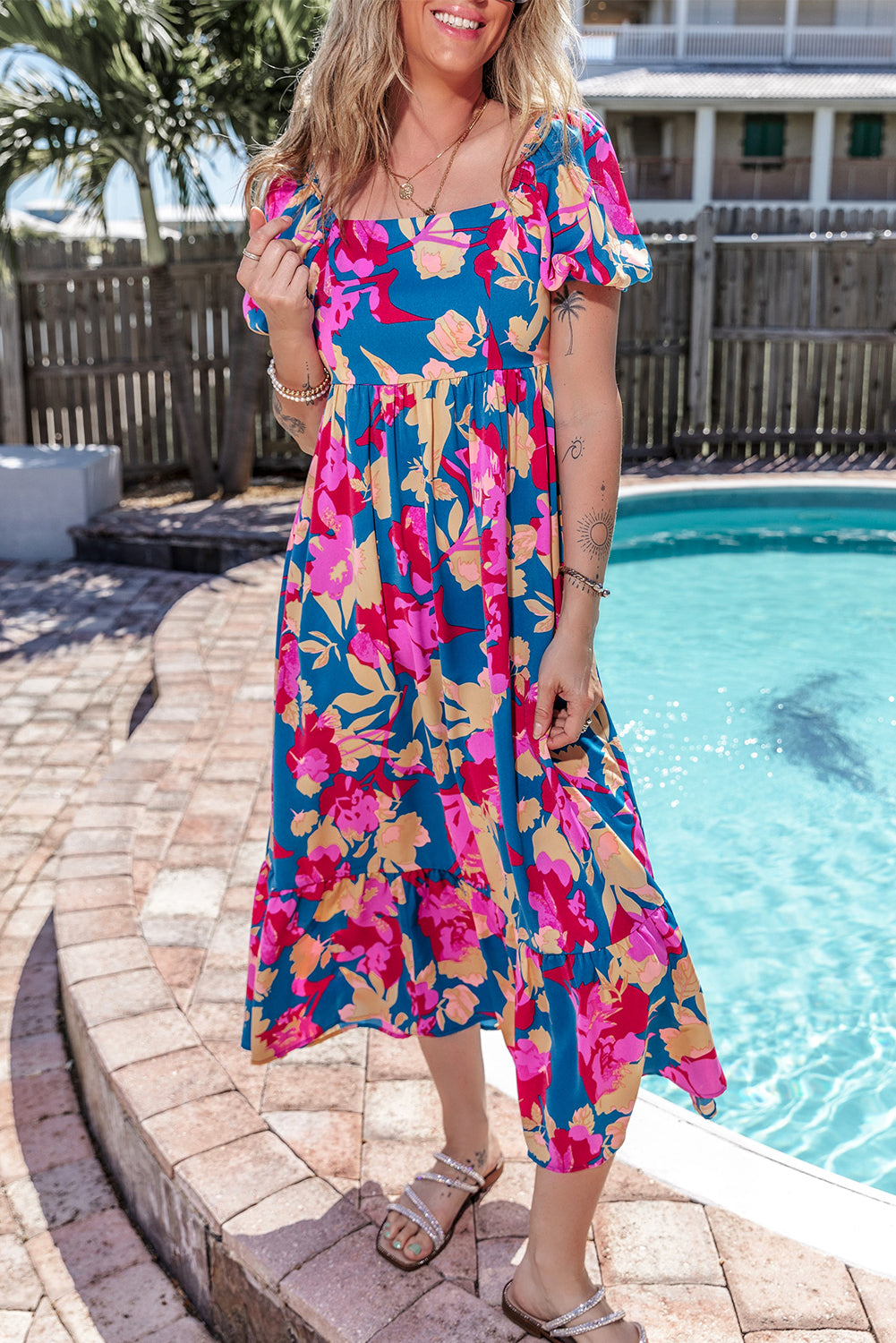 Dark Blue Floral Ruffle Bubble Sleeve Square Neck Dress