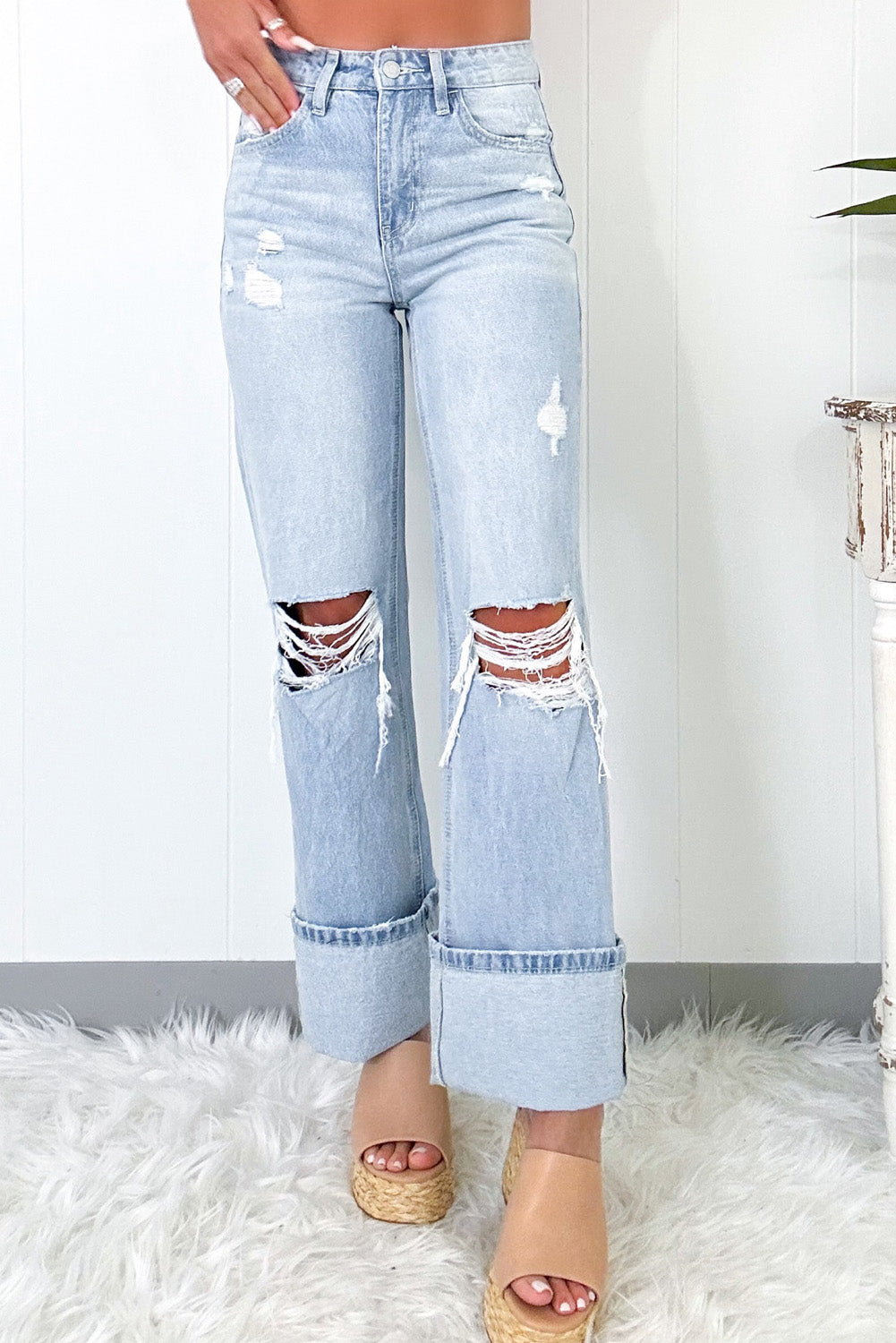 Beau Blue Lightly Washed Distressed Flared Jeans
