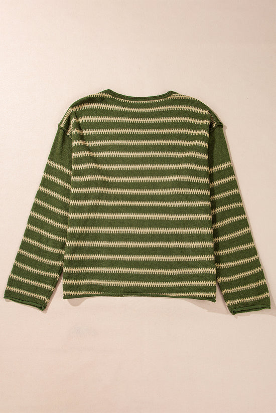 Pull décontracté à rayures et épaules tombantes vert *