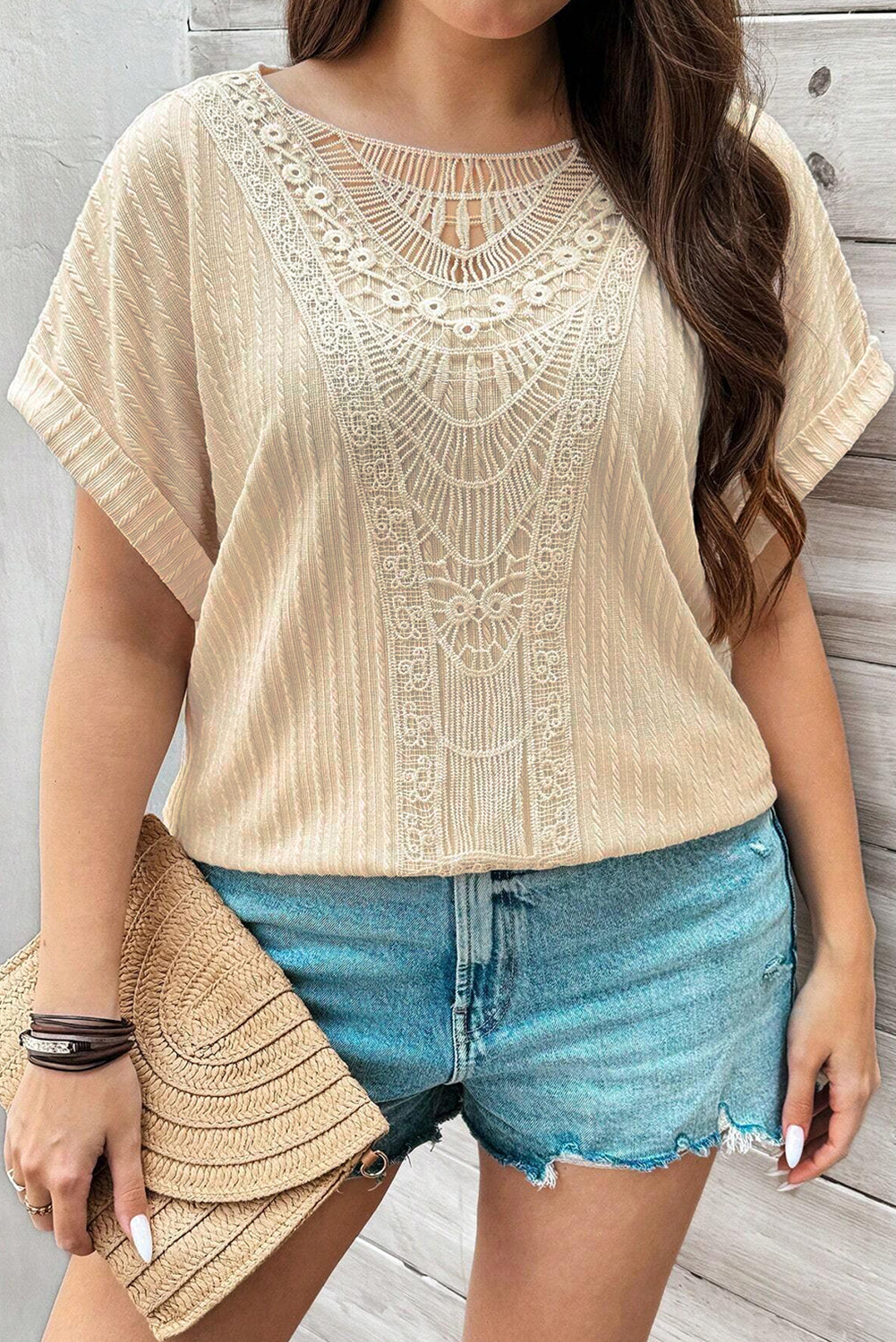 Haut Beige à Manches Courtes au Crochet de Grande Taille *