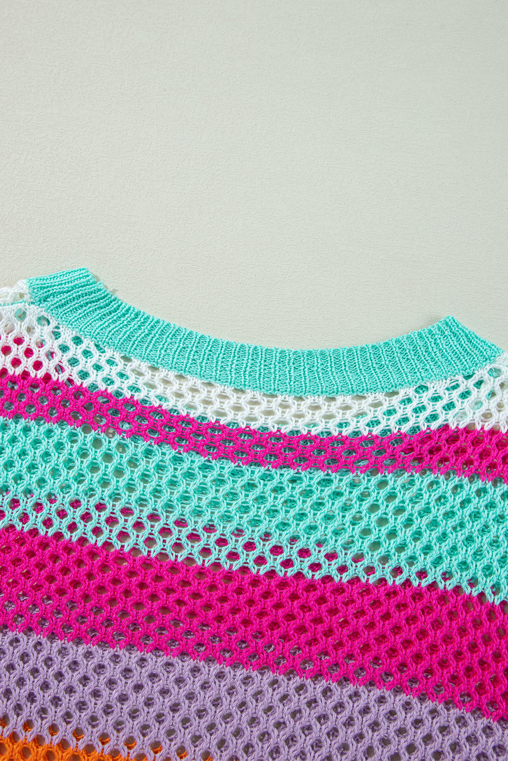 Pink Red Color Block Patchwork Knit Eyelet Sweater