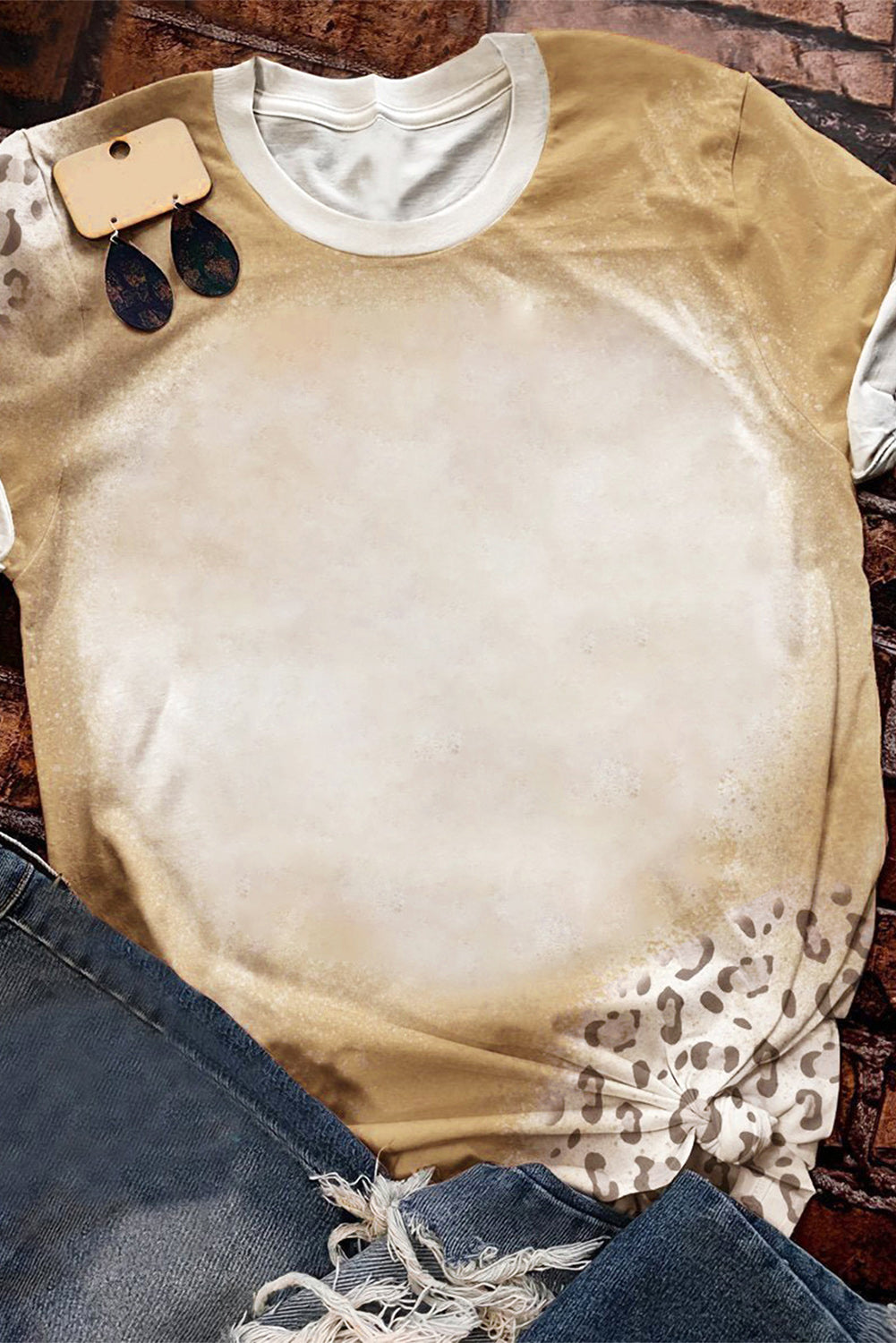 Khaki Bleached Leopard Print Crew Neck T Shirt