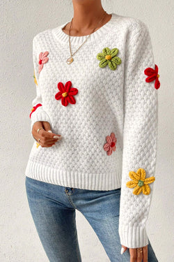 Pull en tricot texturé avec appliques de fleurs colorées blanches