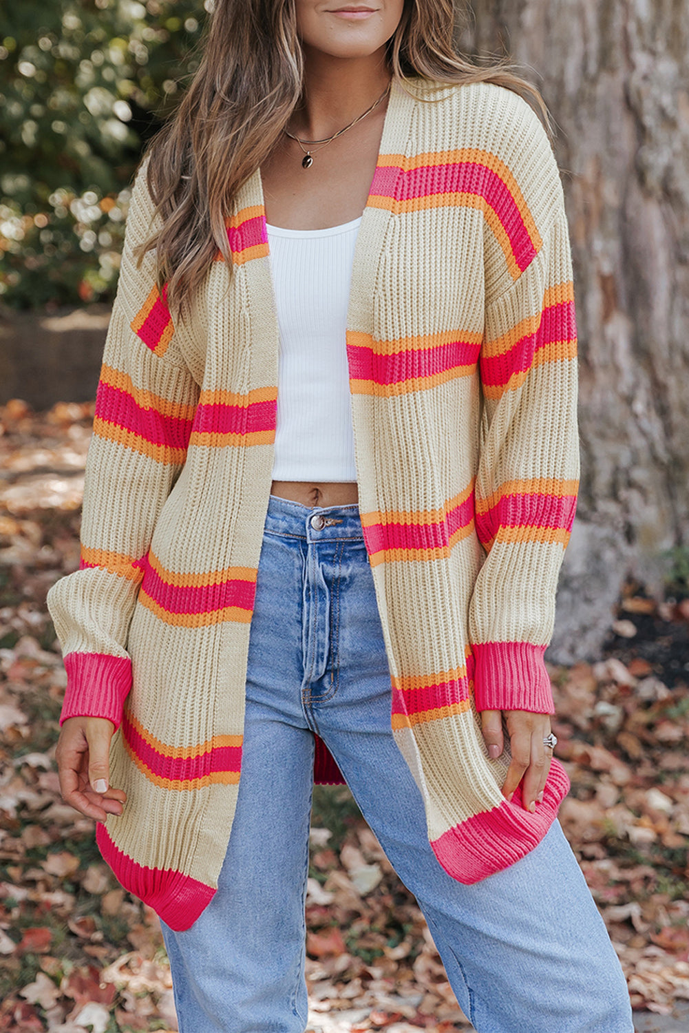 Cardigan long tricoté côtelé imprimé à rayures-A WOMAN WE LOVE