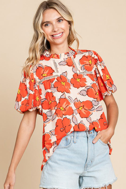 Naranja de la manga de la manga de la manga de burbujas floral blusa suelta