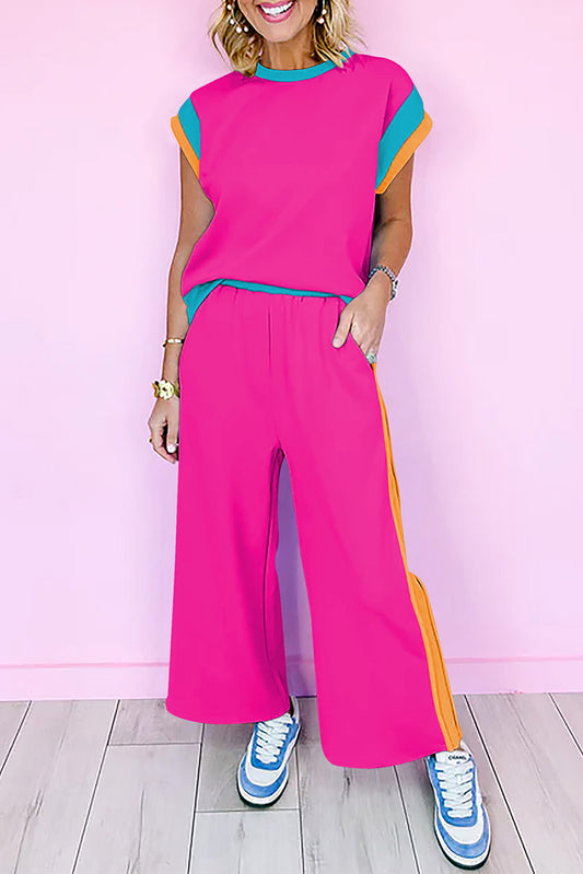 Strawberry Pink Color Block Casual Two Piece Set