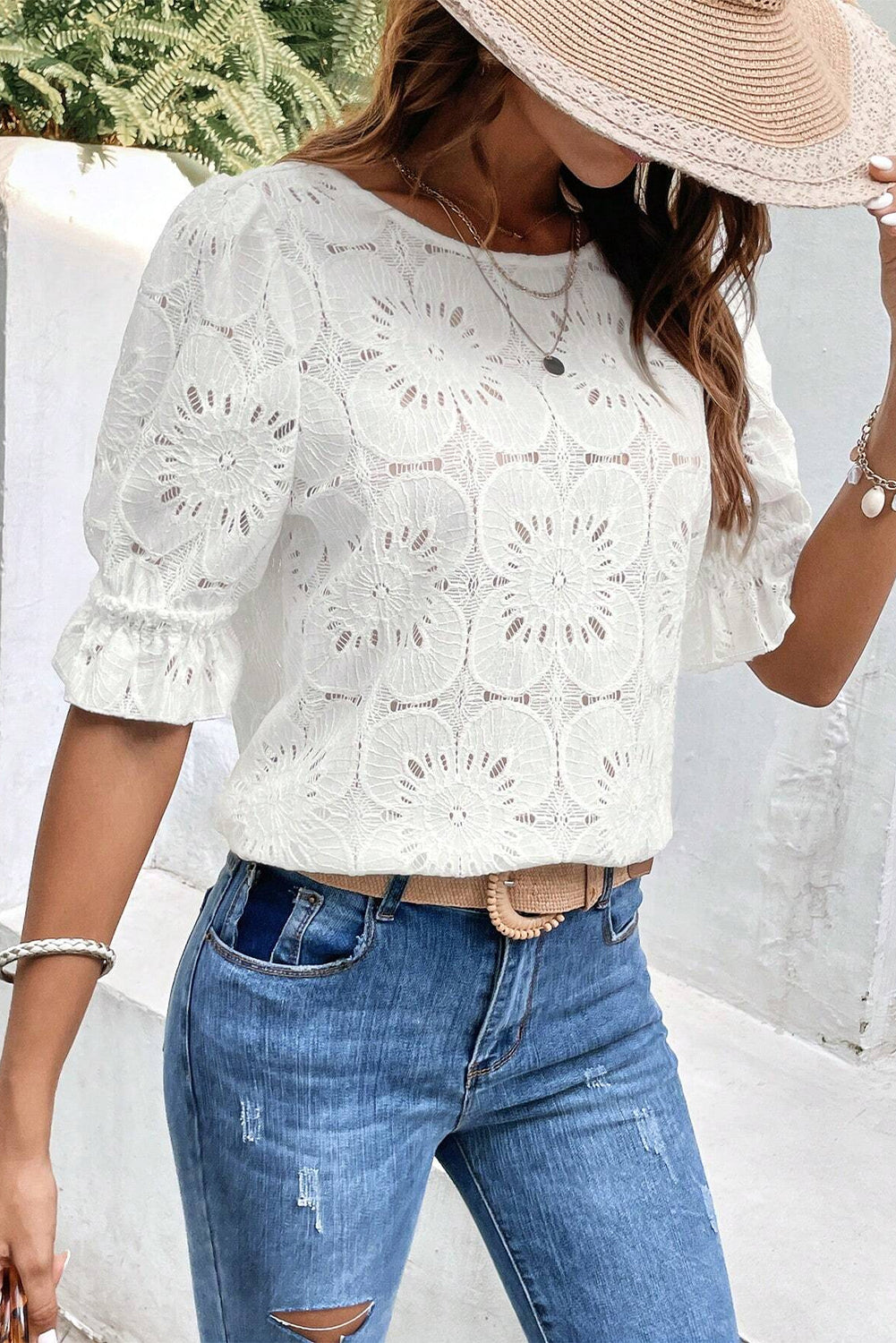White with ruffle sleeves and jacquard lock hole with eyelets and flowers