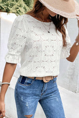 White with ruffle sleeves and jacquard lock hole with eyelets and flowers