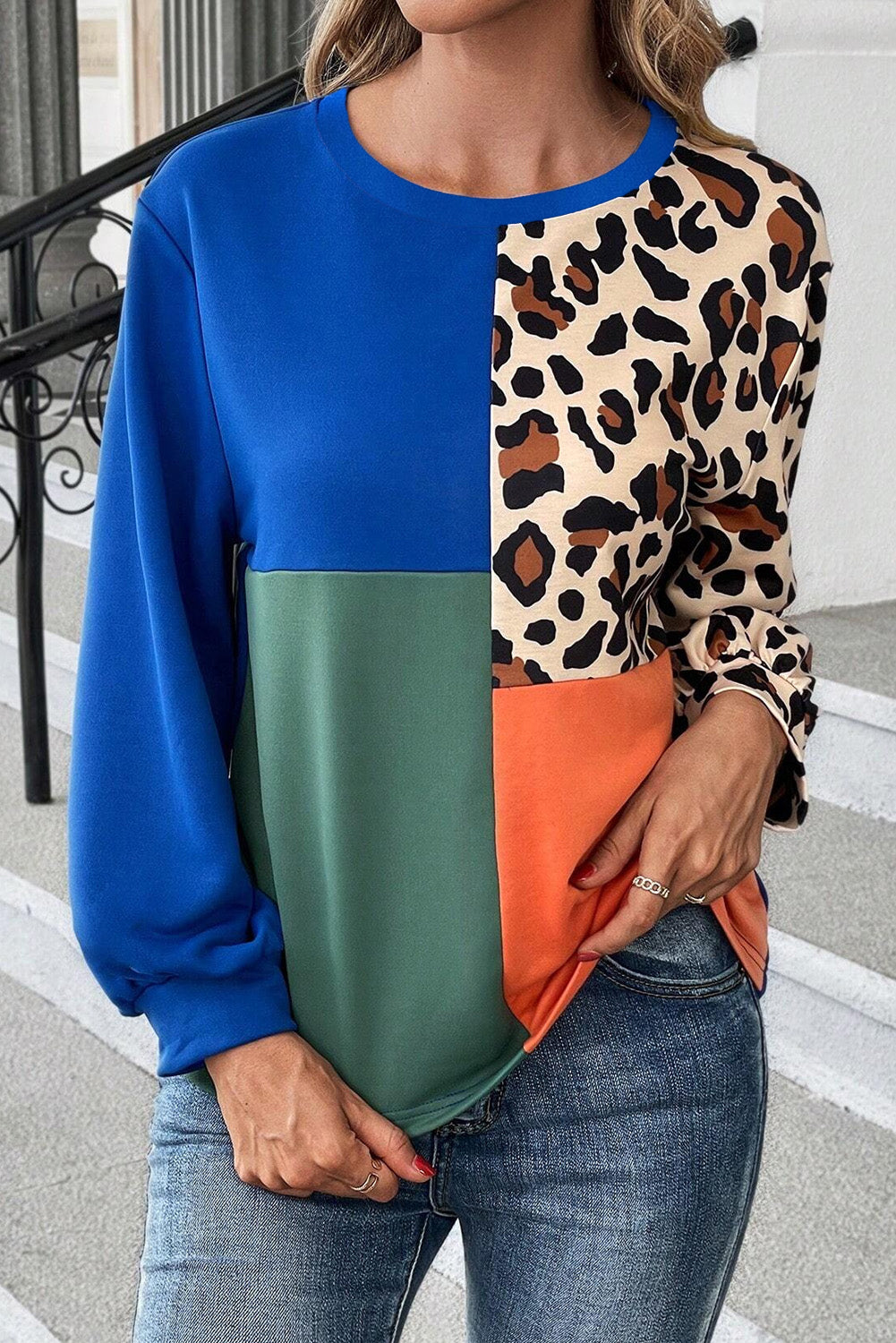 Dunkelblau Leopard Print Colorblock Long Sleeve Top