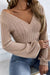 Khaki knitted jacquard top with v-neck and lantern sleeves