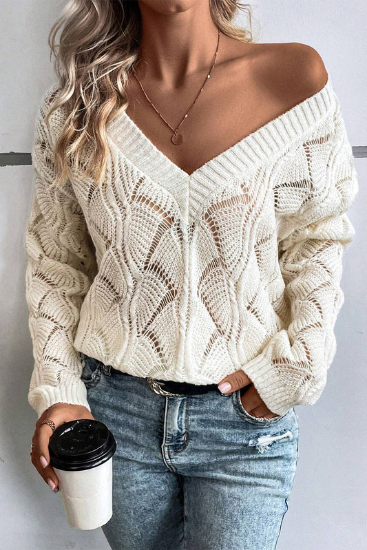 Beige creux en tricot en V Pull d'épaule de goutte à cou