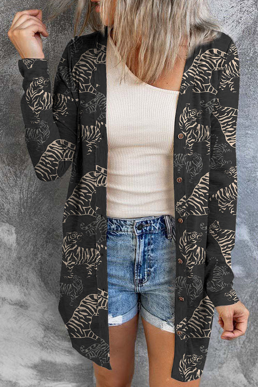 Black Wild Tiger Stampa pulsante Front Cardigan