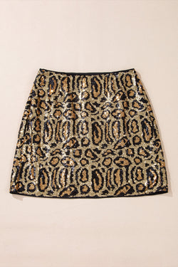 Brown disco mini skirt with glitter and leopard print