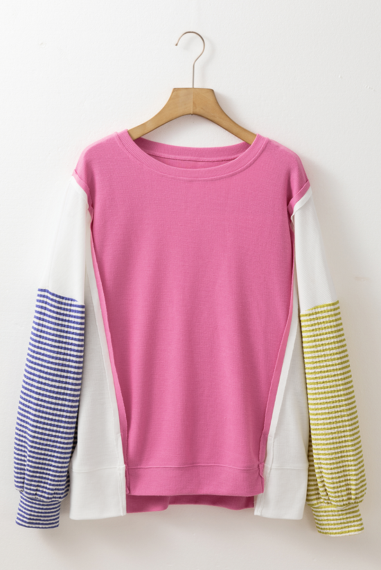 Long sleeve top in striped patchwork with pink sodium stitching