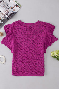 Textured knitting sweater with short sleeves and purple flying