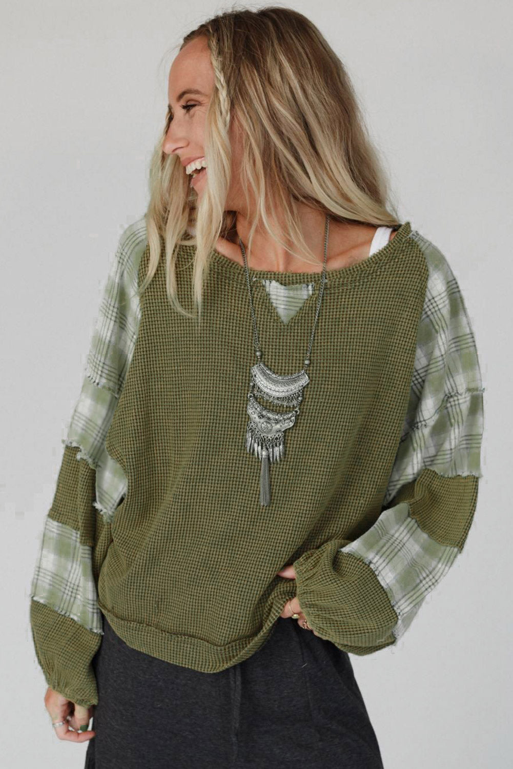 Green Plaid Waffle Knit Bubble Sleeve Top with Exposed Seams