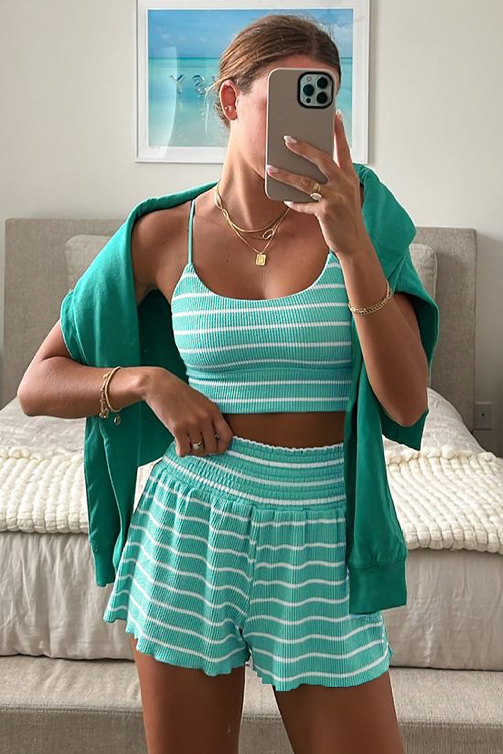 Green Stripe U Neck Crop Cami Cami Top et shorts