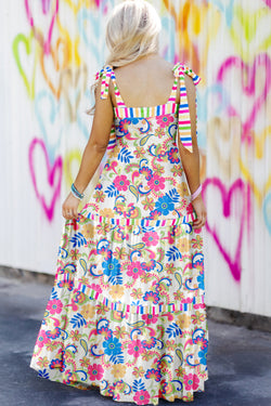 Vestido floral largo con correas para ser anudadas y rojas rosas rosa