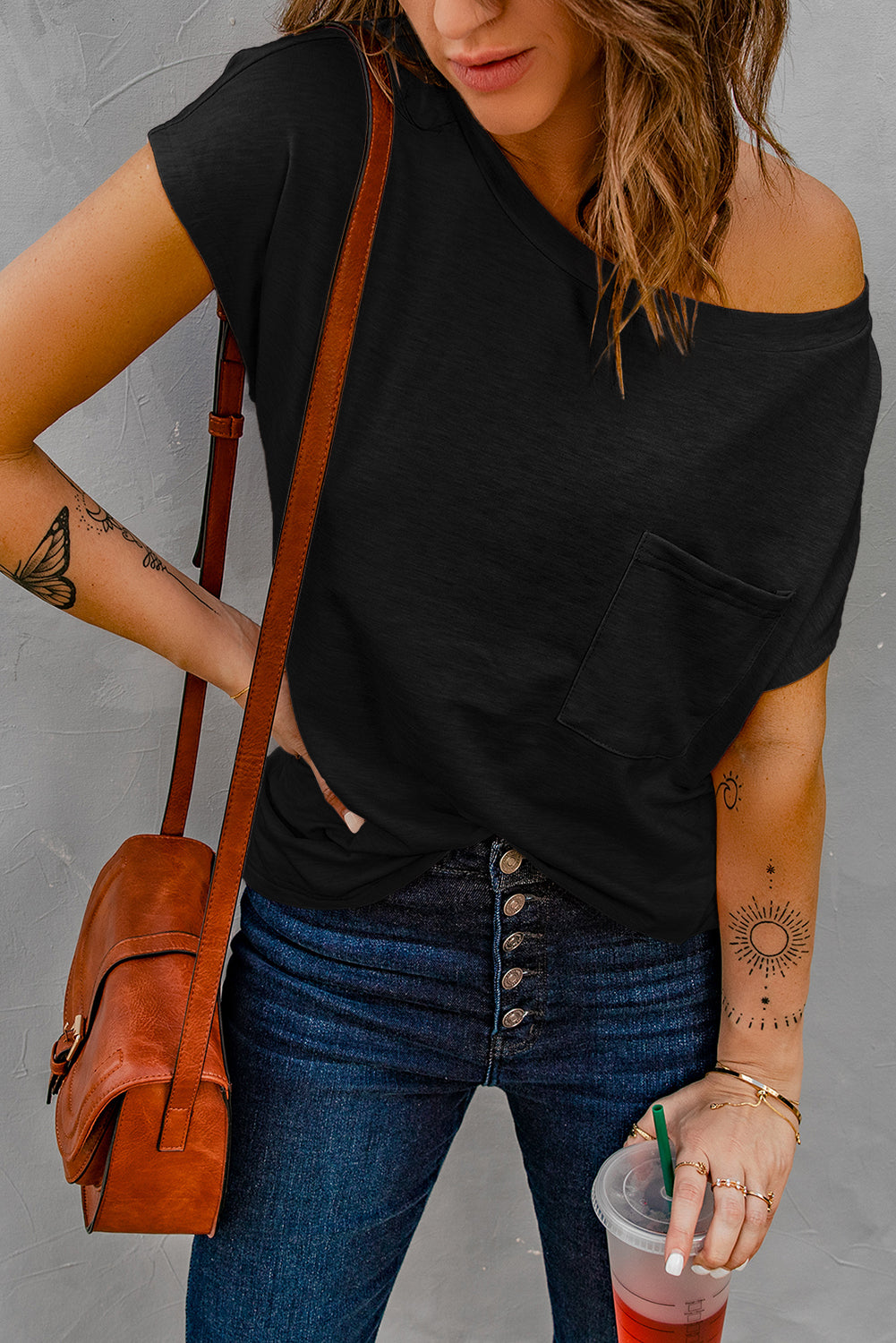 Black Pocketed Tee with Side Slits