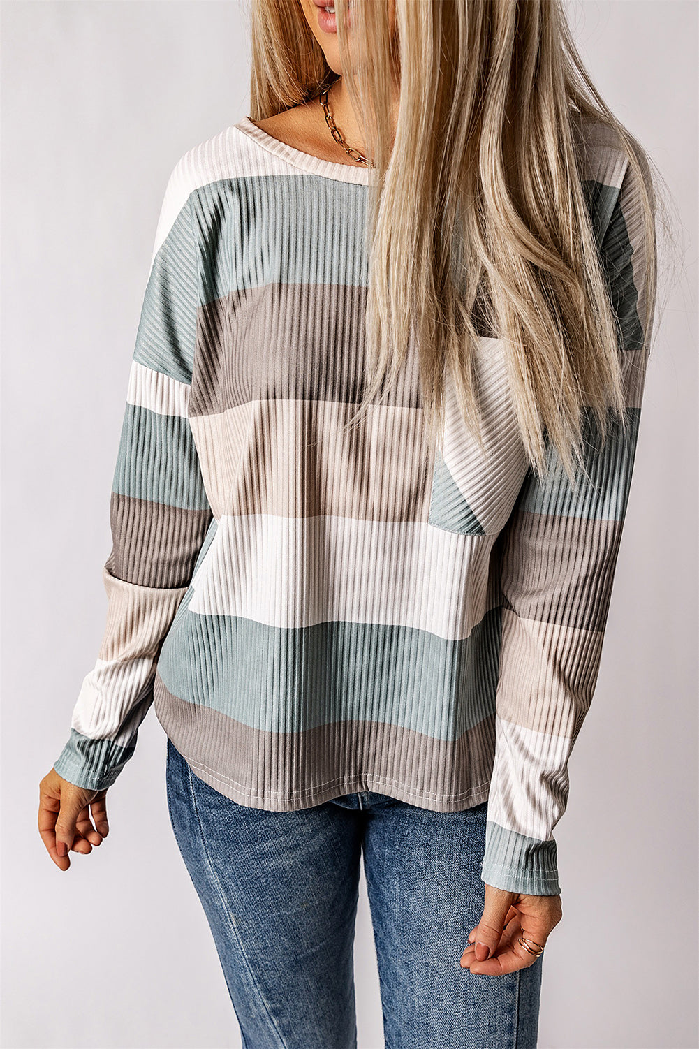 Green Color Block Long Sleeve Ribbed Top with Pocket