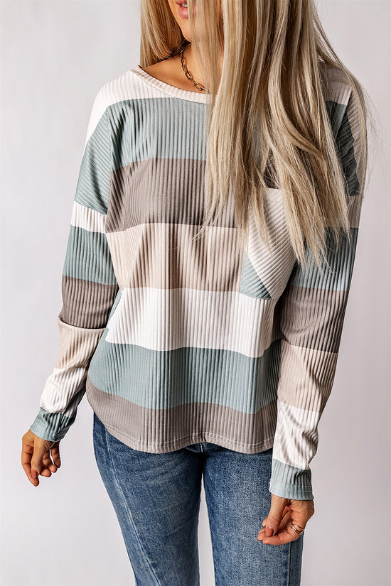 Green Color Block Long Sleeve Ribbed Top with Pocket