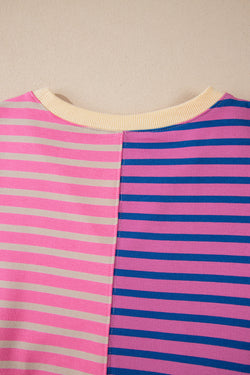 Pink Striped Oversized Sweatshirt Casual Stripe Color Block Drop Shoulder Sweatshirt